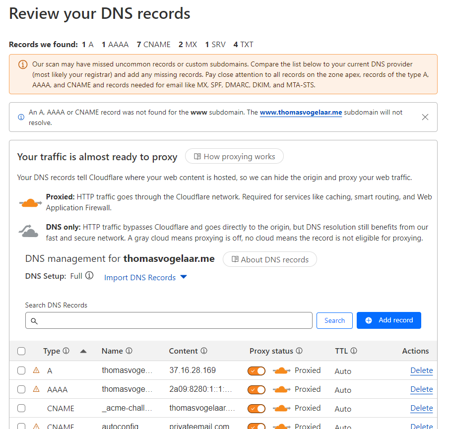 Screenshot of the list of DNS records Cloudflare found for my domain.