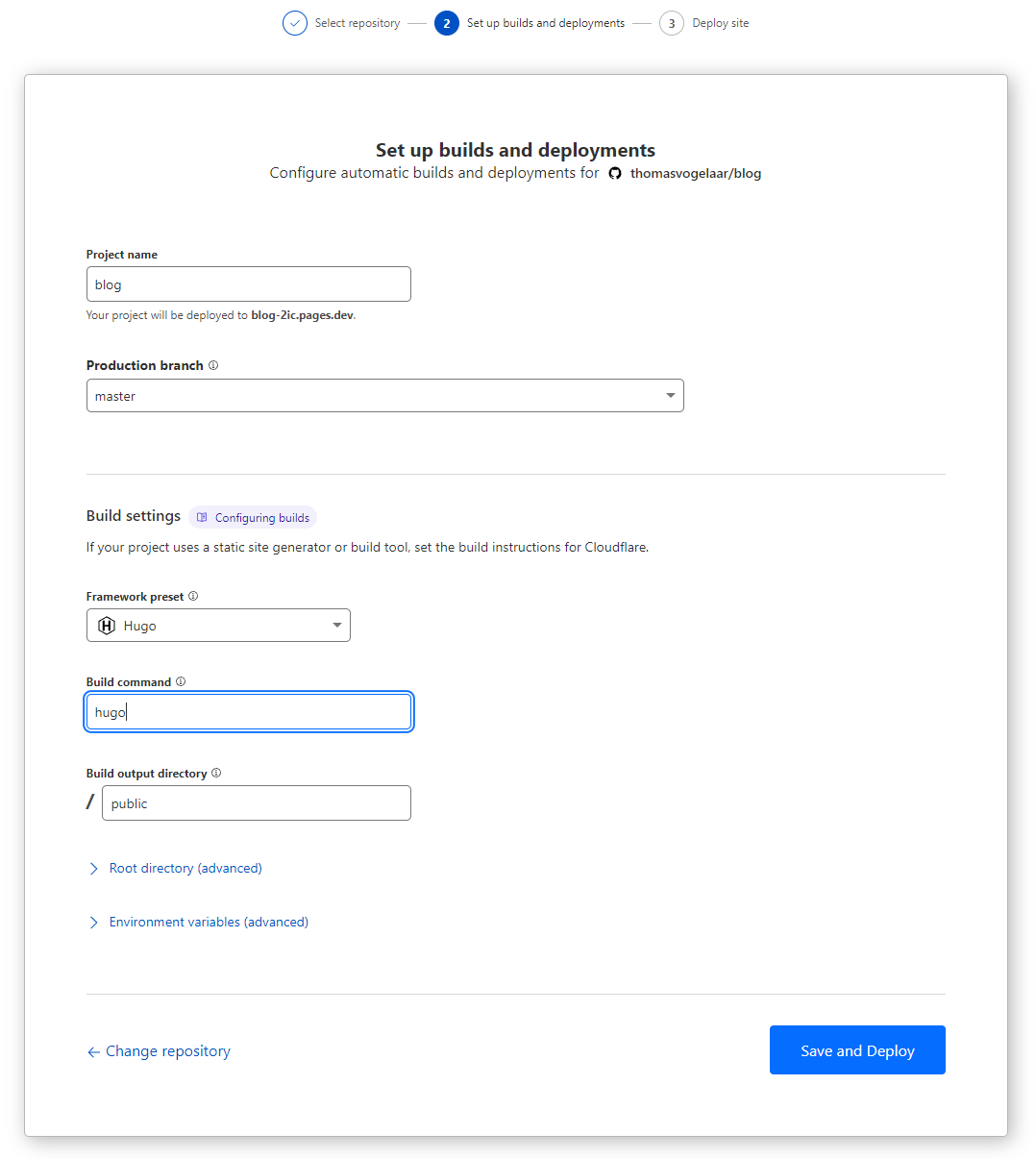 Screenshot of the Hugo configuration in Cloudflare pages.