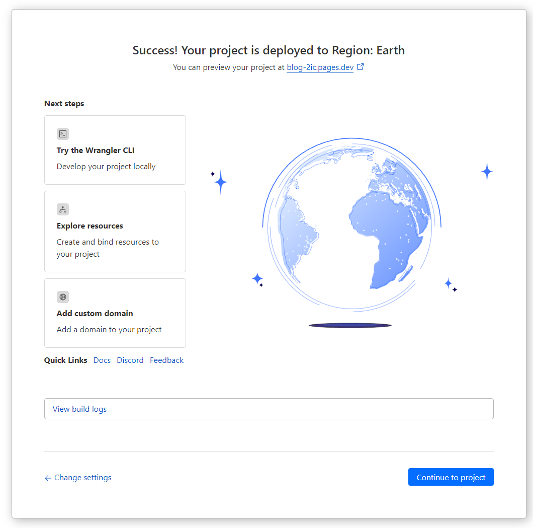 Screenshot of the success page after Cloudflare creates your Cloudflare Pages site.